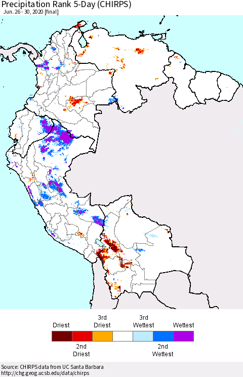 Northern South America Precipitation Rank 5-Day (CHIRPS) Thematic Map For 6/26/2020 - 6/30/2020