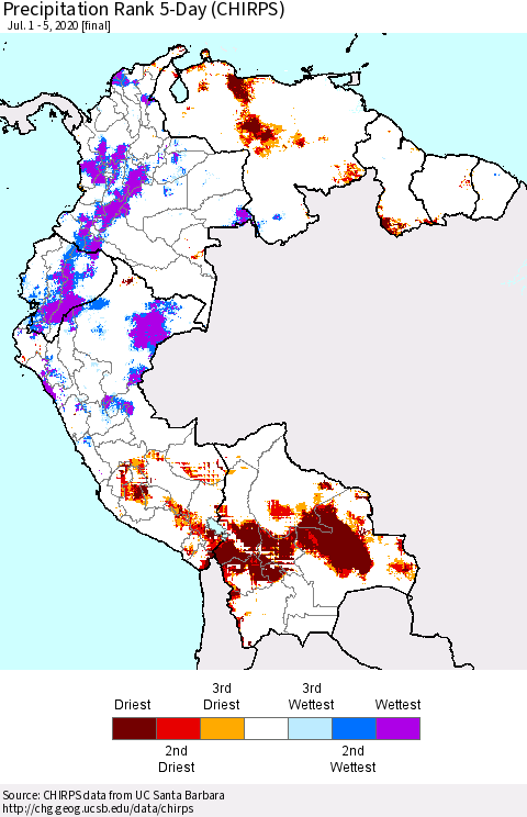Northern South America Precipitation Rank since 1981, 5-Day (CHIRPS) Thematic Map For 7/1/2020 - 7/5/2020