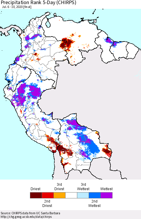 Northern South America Precipitation Rank since 1981, 5-Day (CHIRPS) Thematic Map For 7/6/2020 - 7/10/2020