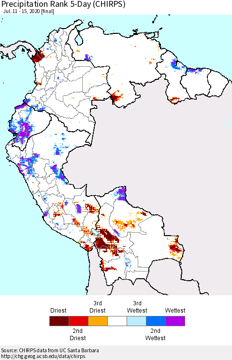 Northern South America Precipitation Rank 5-Day (CHIRPS) Thematic Map For 7/11/2020 - 7/15/2020