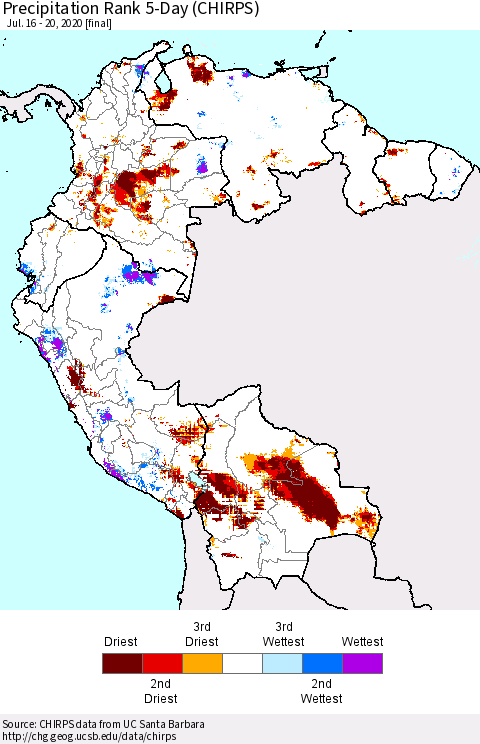 Northern South America Precipitation Rank 5-Day (CHIRPS) Thematic Map For 7/16/2020 - 7/20/2020