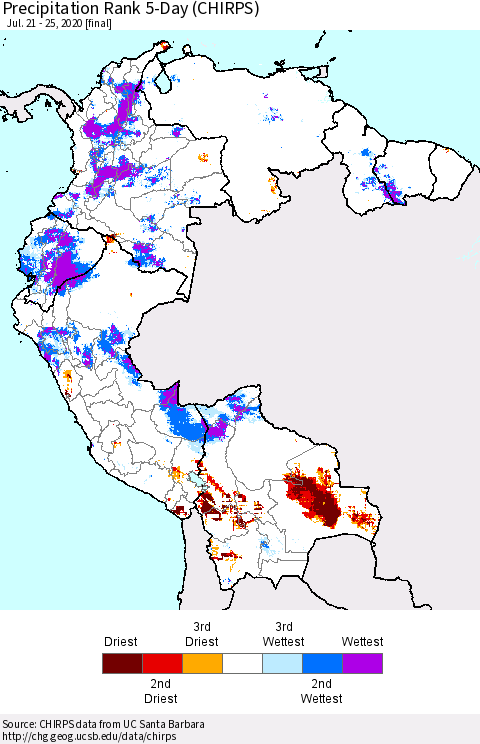 Northern South America Precipitation Rank since 1981, 5-Day (CHIRPS) Thematic Map For 7/21/2020 - 7/25/2020