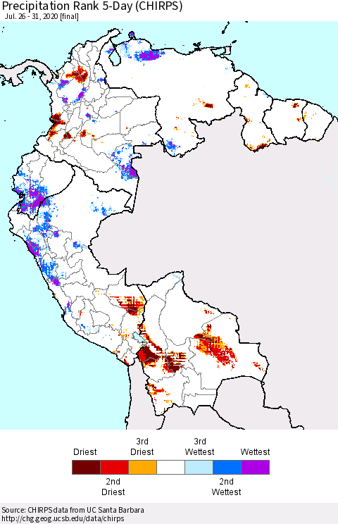 Northern South America Precipitation Rank 5-Day (CHIRPS) Thematic Map For 7/26/2020 - 7/31/2020