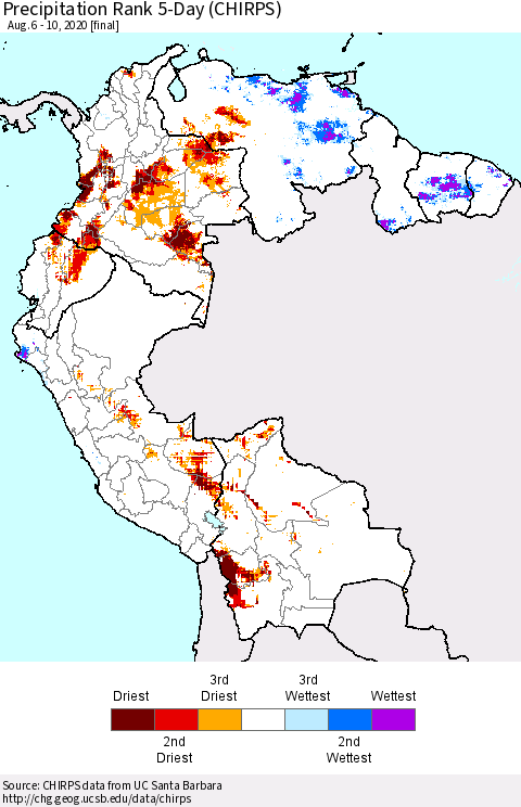 Northern South America Precipitation Rank since 1981, 5-Day (CHIRPS) Thematic Map For 8/6/2020 - 8/10/2020