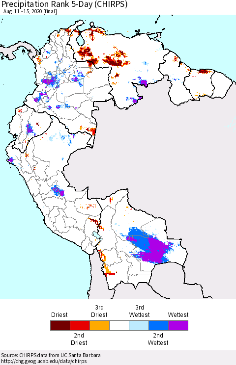 Northern South America Precipitation Rank 5-Day (CHIRPS) Thematic Map For 8/11/2020 - 8/15/2020