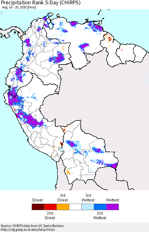 Northern South America Precipitation Rank 5-Day (CHIRPS) Thematic Map For 8/16/2020 - 8/20/2020