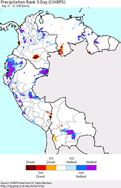 Northern South America Precipitation Rank since 1981, 5-Day (CHIRPS) Thematic Map For 8/21/2020 - 8/25/2020