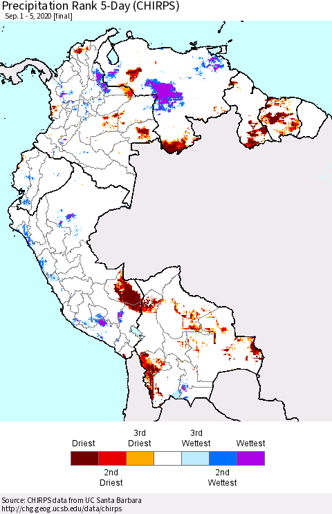 Northern South America Precipitation Rank 5-Day (CHIRPS) Thematic Map For 9/1/2020 - 9/5/2020