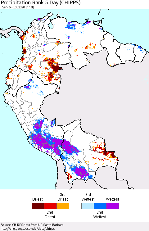 Northern South America Precipitation Rank 5-Day (CHIRPS) Thematic Map For 9/6/2020 - 9/10/2020