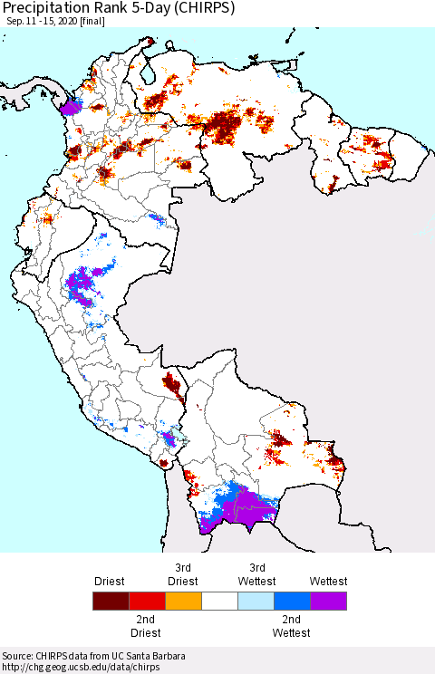 Northern South America Precipitation Rank 5-Day (CHIRPS) Thematic Map For 9/11/2020 - 9/15/2020