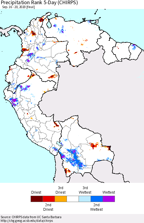 Northern South America Precipitation Rank 5-Day (CHIRPS) Thematic Map For 9/16/2020 - 9/20/2020