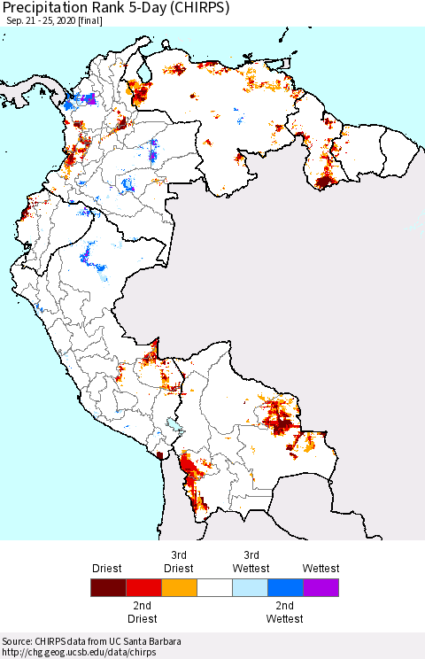 Northern South America Precipitation Rank since 1981, 5-Day (CHIRPS) Thematic Map For 9/21/2020 - 9/25/2020