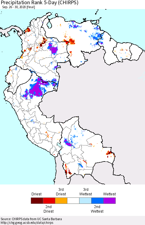 Northern South America Precipitation Rank since 1981, 5-Day (CHIRPS) Thematic Map For 9/26/2020 - 9/30/2020