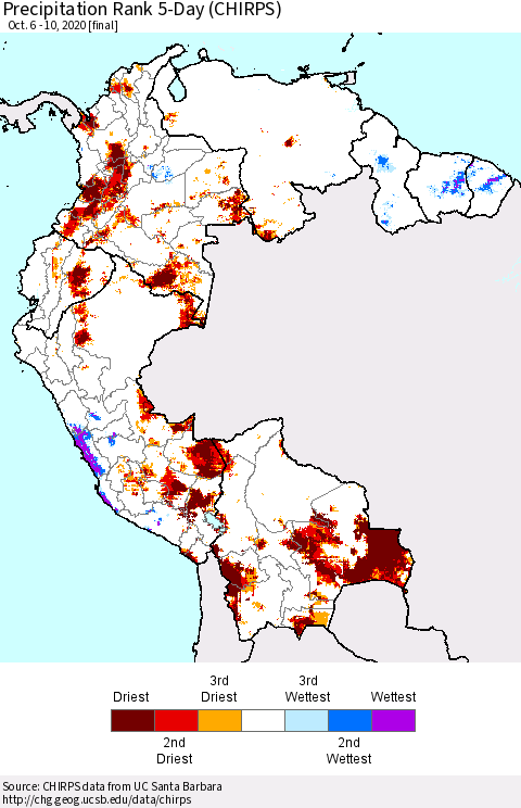 Northern South America Precipitation Rank 5-Day (CHIRPS) Thematic Map For 10/6/2020 - 10/10/2020