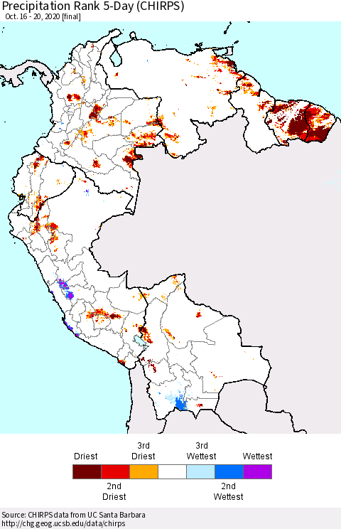 Northern South America Precipitation Rank since 1981, 5-Day (CHIRPS) Thematic Map For 10/16/2020 - 10/20/2020