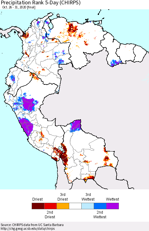 Northern South America Precipitation Rank 5-Day (CHIRPS) Thematic Map For 10/26/2020 - 10/31/2020