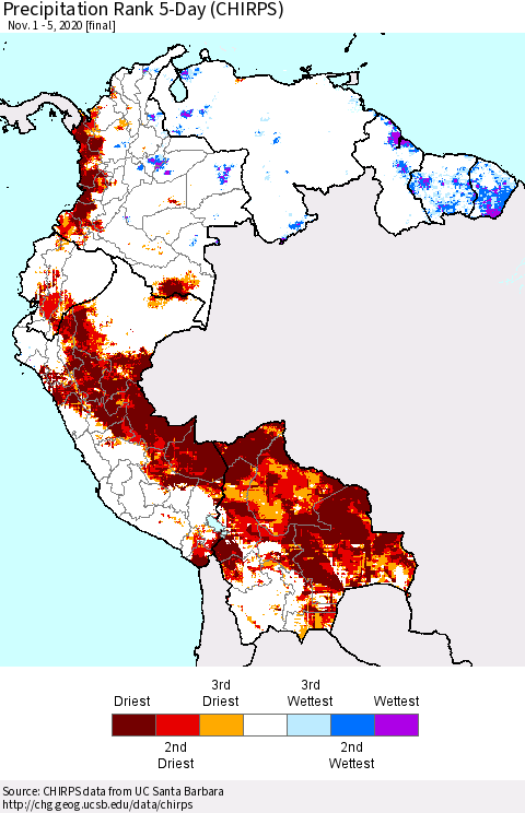 Northern South America Precipitation Rank 5-Day (CHIRPS) Thematic Map For 11/1/2020 - 11/5/2020
