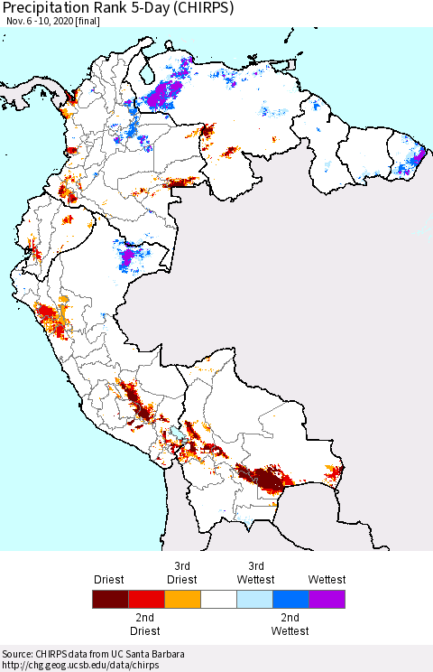 Northern South America Precipitation Rank since 1981, 5-Day (CHIRPS) Thematic Map For 11/6/2020 - 11/10/2020