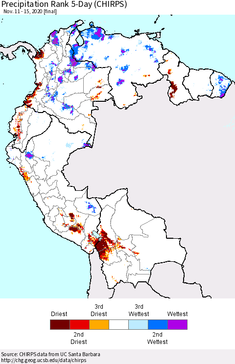 Northern South America Precipitation Rank 5-Day (CHIRPS) Thematic Map For 11/11/2020 - 11/15/2020