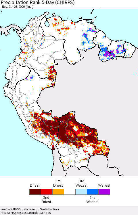 Northern South America Precipitation Rank 5-Day (CHIRPS) Thematic Map For 11/21/2020 - 11/25/2020