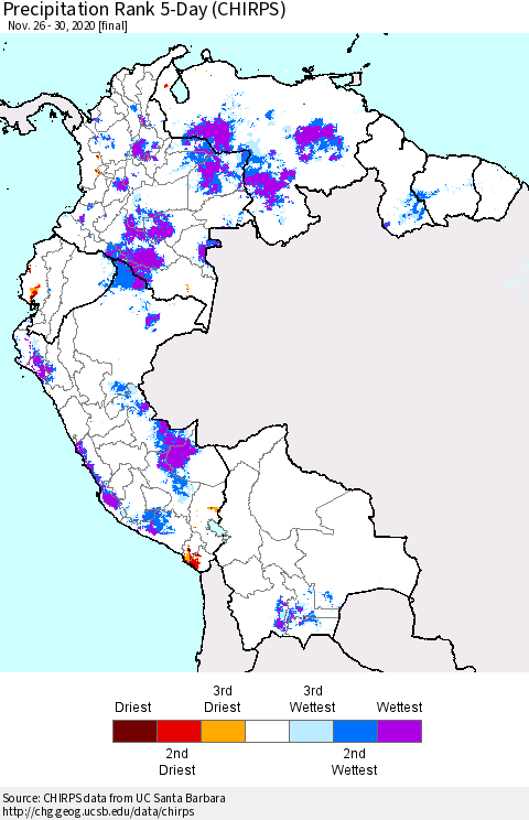 Northern South America Precipitation Rank 5-Day (CHIRPS) Thematic Map For 11/26/2020 - 11/30/2020