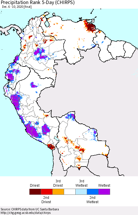 Northern South America Precipitation Rank since 1981, 5-Day (CHIRPS) Thematic Map For 12/6/2020 - 12/10/2020