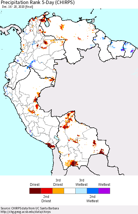 Northern South America Precipitation Rank 5-Day (CHIRPS) Thematic Map For 12/16/2020 - 12/20/2020