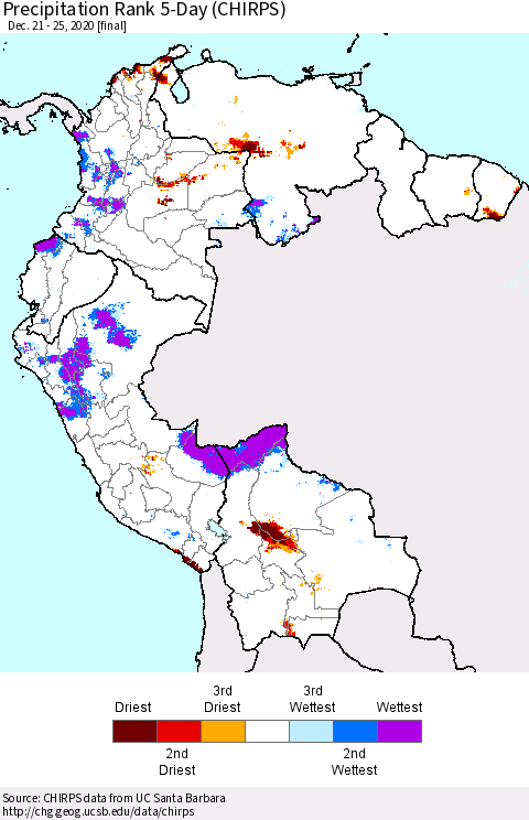Northern South America Precipitation Rank 5-Day (CHIRPS) Thematic Map For 12/21/2020 - 12/25/2020