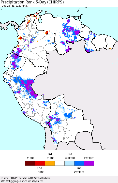 Northern South America Precipitation Rank 5-Day (CHIRPS) Thematic Map For 12/26/2020 - 12/31/2020