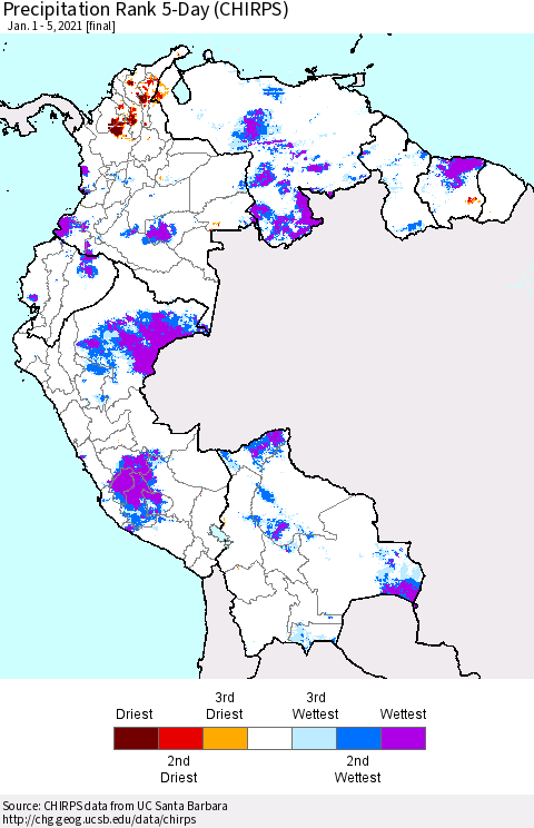 Northern South America Precipitation Rank 5-Day (CHIRPS) Thematic Map For 1/1/2021 - 1/5/2021