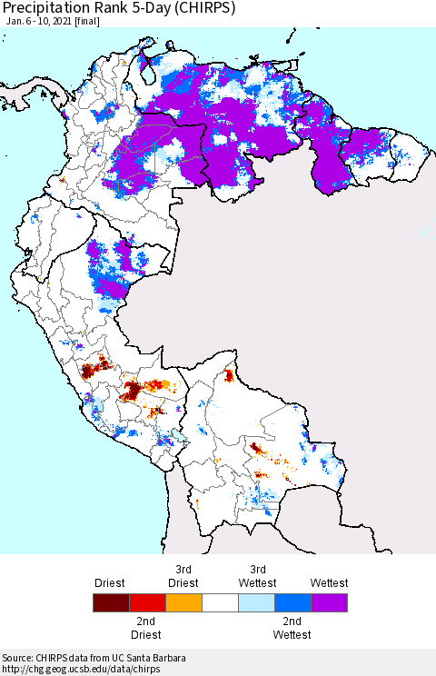 Northern South America Precipitation Rank 5-Day (CHIRPS) Thematic Map For 1/6/2021 - 1/10/2021