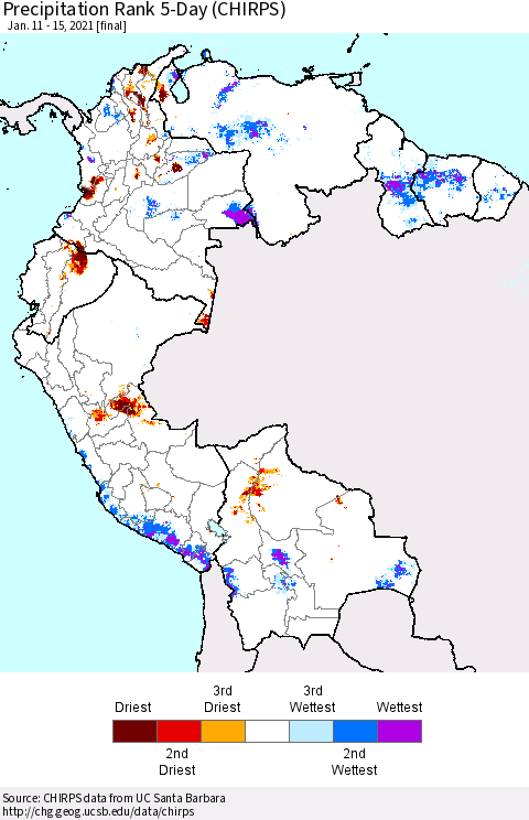 Northern South America Precipitation Rank 5-Day (CHIRPS) Thematic Map For 1/11/2021 - 1/15/2021