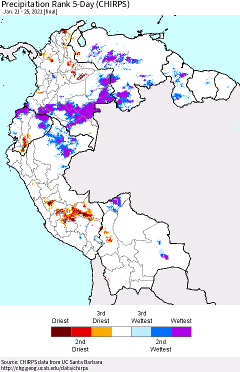 Northern South America Precipitation Rank 5-Day (CHIRPS) Thematic Map For 1/21/2021 - 1/25/2021