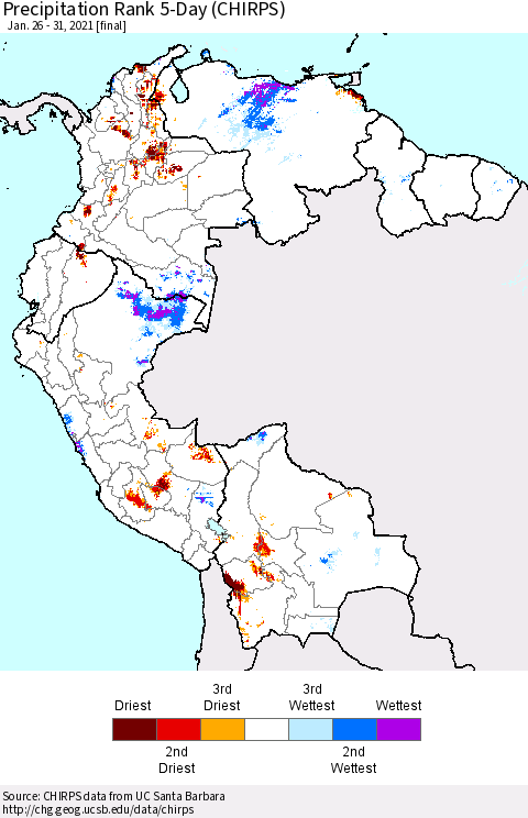 Northern South America Precipitation Rank 5-Day (CHIRPS) Thematic Map For 1/26/2021 - 1/31/2021