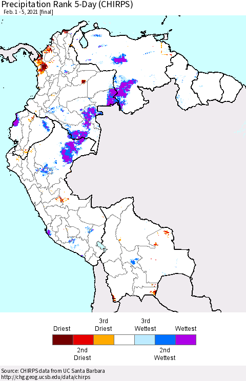 Northern South America Precipitation Rank since 1981, 5-Day (CHIRPS) Thematic Map For 2/1/2021 - 2/5/2021