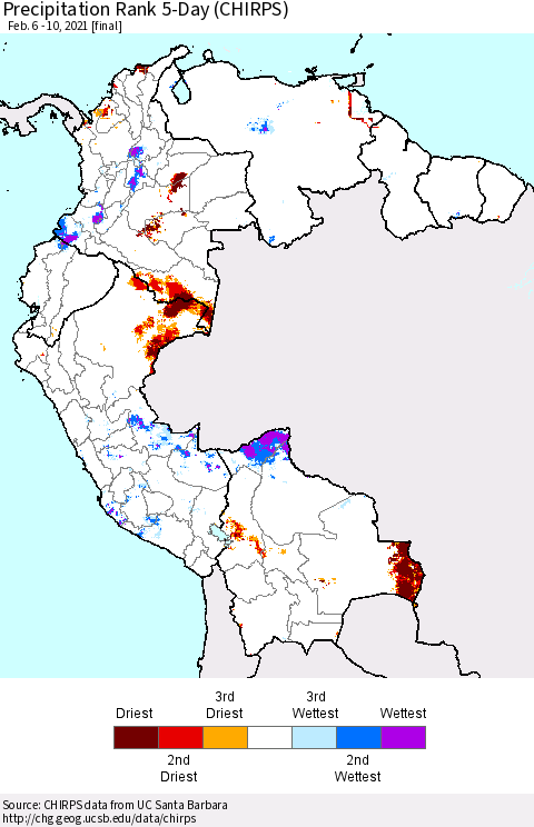 Northern South America Precipitation Rank 5-Day (CHIRPS) Thematic Map For 2/6/2021 - 2/10/2021