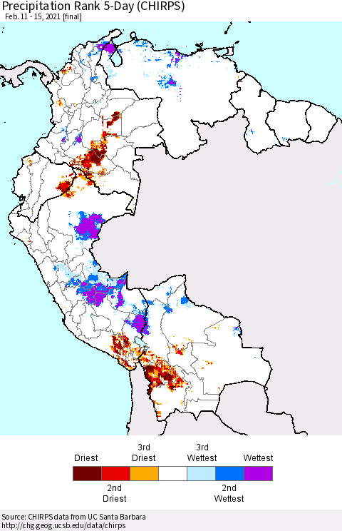 Northern South America Precipitation Rank 5-Day (CHIRPS) Thematic Map For 2/11/2021 - 2/15/2021