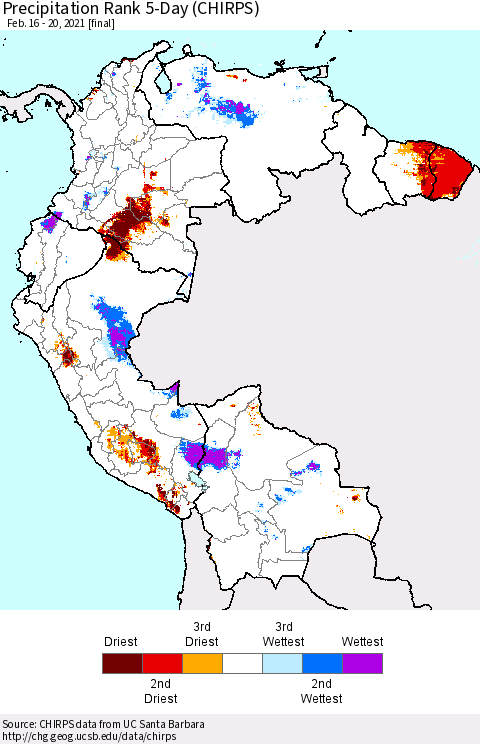 Northern South America Precipitation Rank 5-Day (CHIRPS) Thematic Map For 2/16/2021 - 2/20/2021