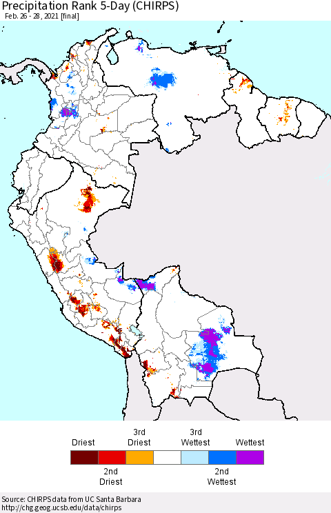 Northern South America Precipitation Rank 5-Day (CHIRPS) Thematic Map For 2/26/2021 - 2/28/2021