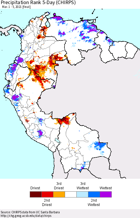 Northern South America Precipitation Rank 5-Day (CHIRPS) Thematic Map For 3/1/2021 - 3/5/2021