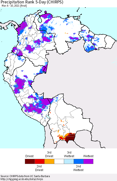 Northern South America Precipitation Rank 5-Day (CHIRPS) Thematic Map For 3/6/2021 - 3/10/2021