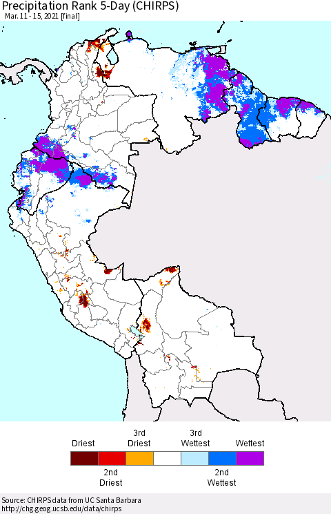 Northern South America Precipitation Rank 5-Day (CHIRPS) Thematic Map For 3/11/2021 - 3/15/2021