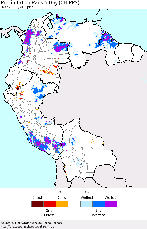 Northern South America Precipitation Rank 5-Day (CHIRPS) Thematic Map For 3/26/2021 - 3/31/2021