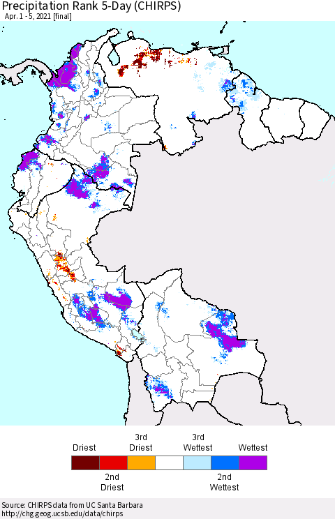 Northern South America Precipitation Rank since 1981, 5-Day (CHIRPS) Thematic Map For 4/1/2021 - 4/5/2021