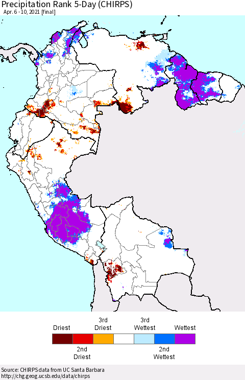 Northern South America Precipitation Rank since 1981, 5-Day (CHIRPS) Thematic Map For 4/6/2021 - 4/10/2021