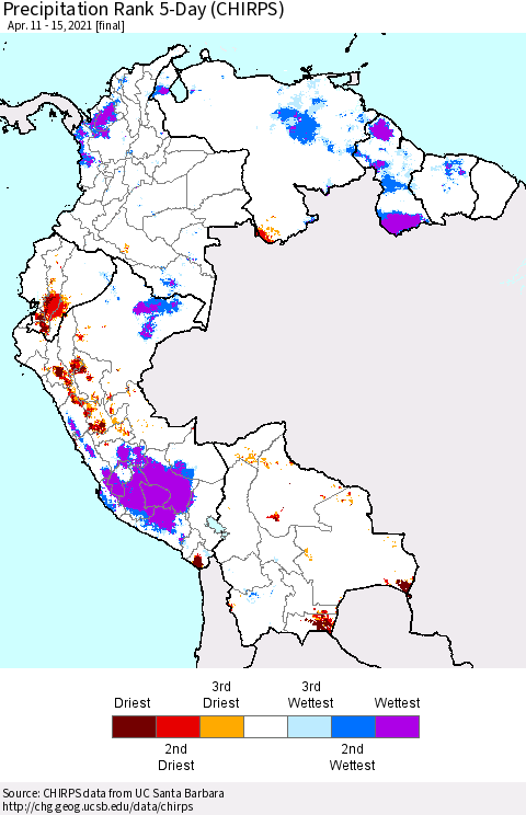Northern South America Precipitation Rank 5-Day (CHIRPS) Thematic Map For 4/11/2021 - 4/15/2021