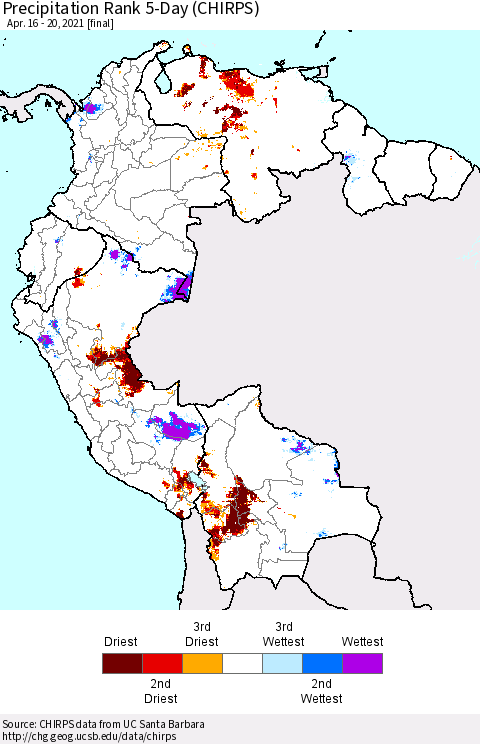 Northern South America Precipitation Rank 5-Day (CHIRPS) Thematic Map For 4/16/2021 - 4/20/2021