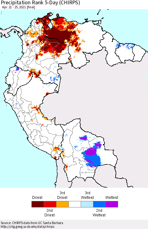 Northern South America Precipitation Rank 5-Day (CHIRPS) Thematic Map For 4/21/2021 - 4/25/2021