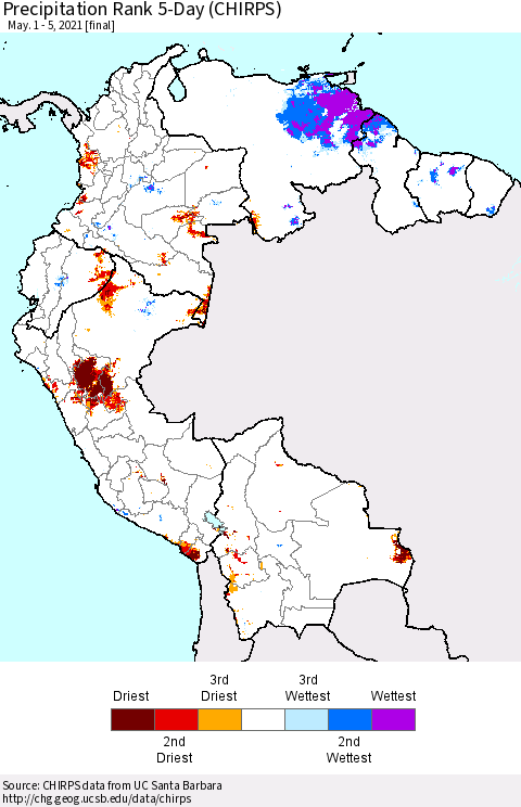 Northern South America Precipitation Rank 5-Day (CHIRPS) Thematic Map For 5/1/2021 - 5/5/2021