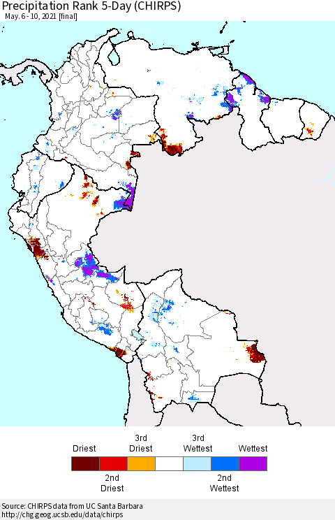 Northern South America Precipitation Rank 5-Day (CHIRPS) Thematic Map For 5/6/2021 - 5/10/2021